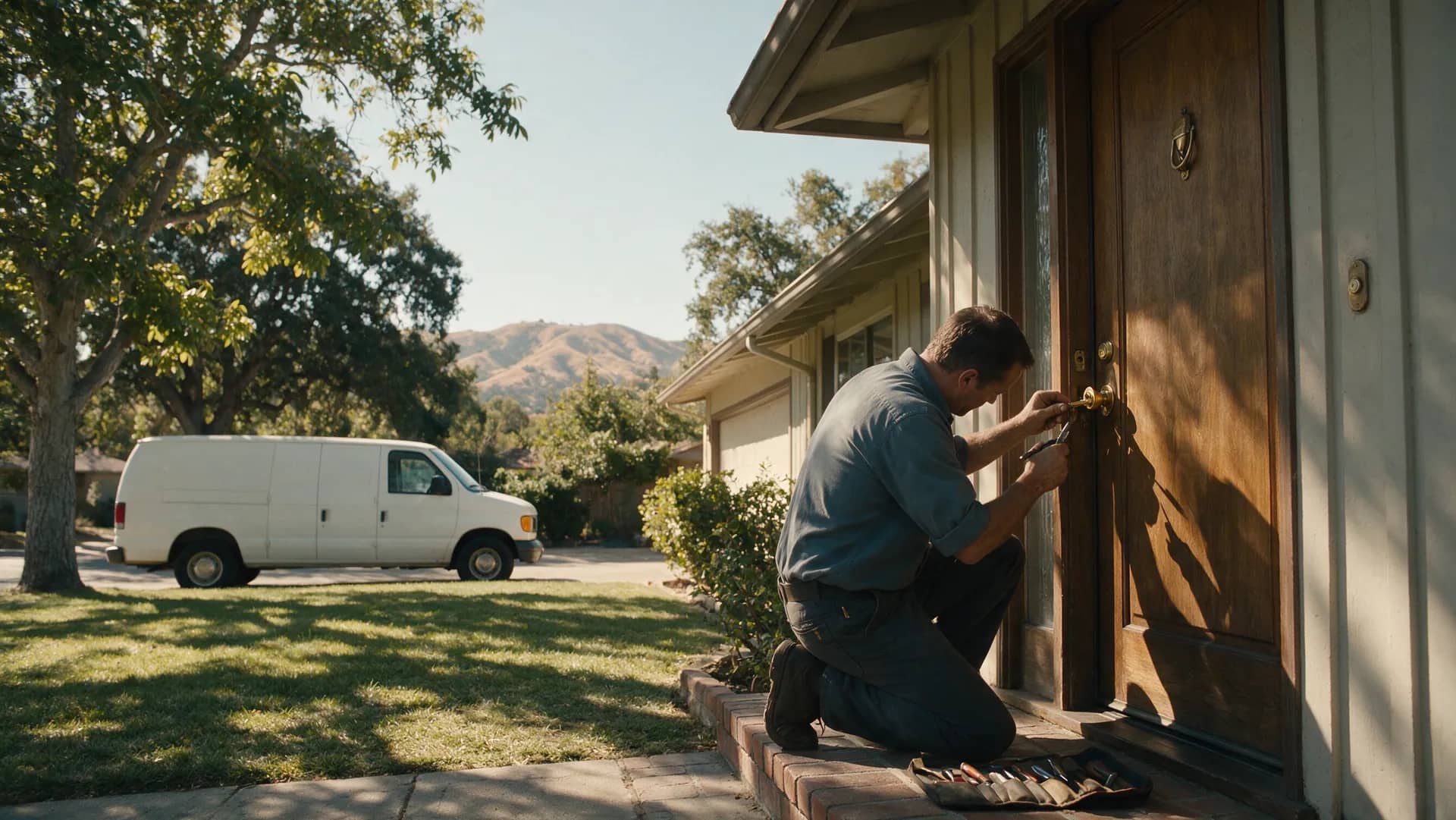 Ridgeline Lock & Key technician fitting a cylinder at a Walnut Creek front door