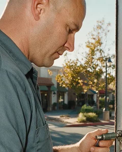 Trevor Maalouf, owner of Ridgeline Lock & Key, reworking a storefront door cylinder