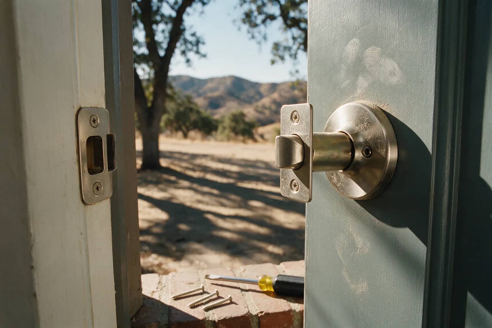 Close-up of a newly fitted deadbolt on an entry door