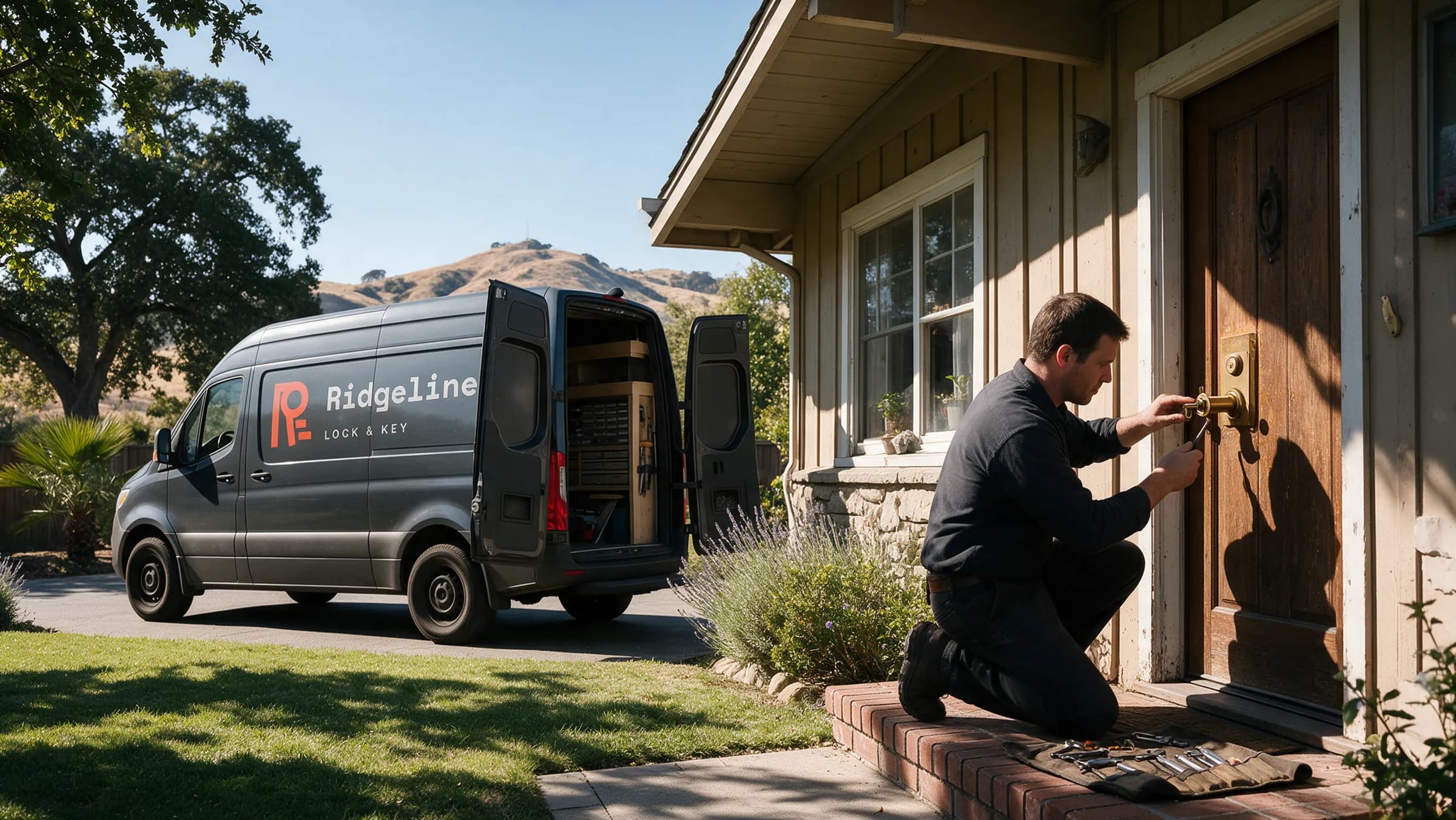 Ridgeline Lock & Key technician fitting a cylinder at a Walnut Creek front door